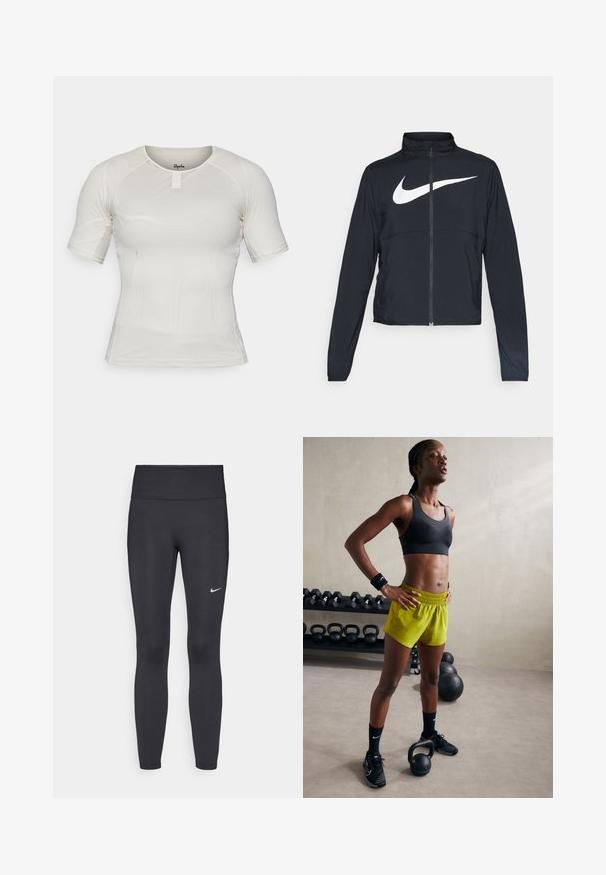 Chaqueta deportiva negra de cremallera completa con cuello alto, mangas largas y gran logo de Nike en blanco en el pecho.; Camiseta deportiva de manga corta en tejido de malla color beis claro, con cuello redondo y detalle de pestaña en el frente. Diseño ajustado y elástico para mayor comodidad.; Leggings negras de tela elástica, con una cintura alta y un logo blanco de Nike en el muslo izquierdo. Textura suave, diseño ajustado.; Sujetador deportivo negro, pantalones cortos amarillos brillantes con cinturilla elástica, zapatillas de deporte negras y muñequeras, de pie junto a kettlebells.