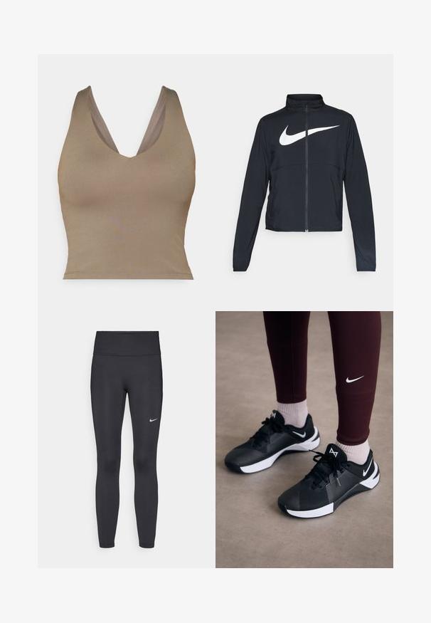 Schwarze Sportjacke mit vollem Reißverschluss, hohem Kragen, langen Ärmeln und großem weißen Nike-Swoosh-Logo auf der Brust.; Braunes, ärmelloses Oberteil mit tiefem V-Ausschnitt. Glatte Textur und figurnahe Form, mit breiten Trägern und geradem Saum.; Schwarze Leggings aus elastischem Stoff, mit einem hohen Bund und einem weißen Nike-Logo auf dem linken Oberschenkel. Glatte Textur, figurbetontes Design.; Schwarze Sportschuhe mit einer strukturierten Oberseite und weißen Akzenten, versehen mit Schnürsenkeln und einem Seitenlogo. Tragen Sie dazu bordeauxfarbene Leggings und helle Socken.