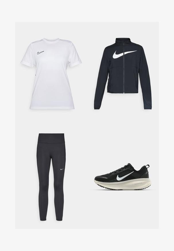 Črna športna jakna z polnim zadrgo, visokim ovratnikom, dolgimi rokavi in velikim belim logotipom Nike swoosh čez prsi.; Bela Nike majica s kratkimi rokavi, ožjega kroja in okroglim izrezom, z črnim logotipom na levi prsni strani; narejena iz lahkega in zračnega materiala.; Črne legice iz elastične tkanine, z visokim pasom in belim Nike logo na levem stegnu. Gladka tekstura, oblikovno prilegajoč dizajn.; Črne Nike tekaške čevlje z zračno mrežno zgornjim delom, belim logotipom Swoosh, teksturiranimi detajli in smetanasto barvnim srednjim delom ZoomX.