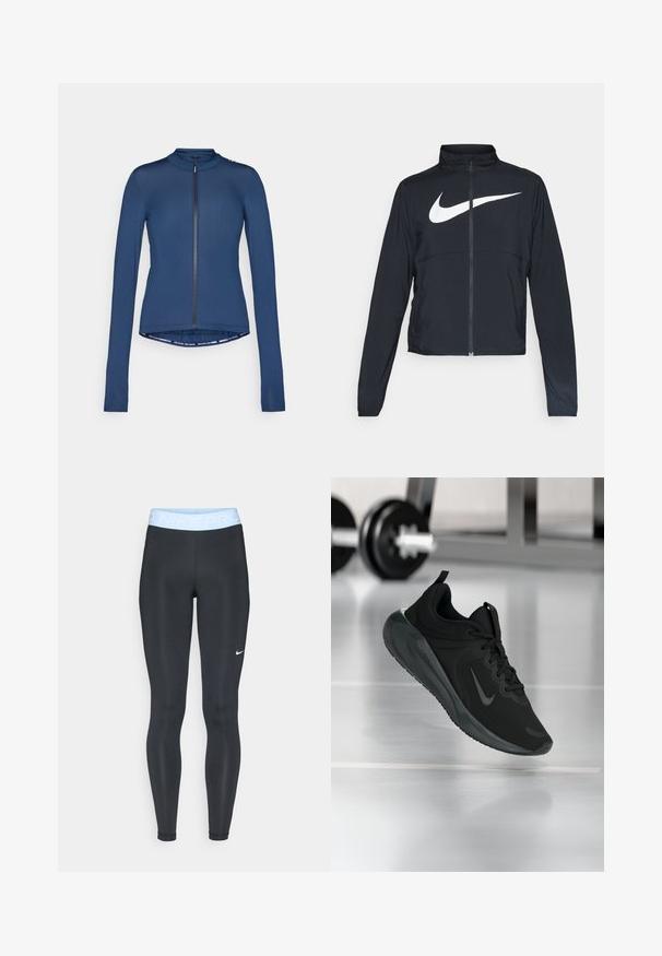 Czarna bluza sportowa na zamek błyskawiczny z wysokim kołnierzem, długimi rękawami i dużym białym logo Nike na klatce piersiowej.; Granatowa, długorękawowa koszulka rowerowa z zamkiem błyskawicznym z przodu, dopasowany fason, gładki materiał, wysoki kołnierz i detale logo na dolnym brzegu.; Czarne legginsy sportowe z jasnoniebieskim pasem w talii, na którym znajduje się napis "NIKE PRO"; gładka tekstura i dopasowany krój. Biała logo Nike po lewej stronie.; Czarny sportowy sneaker z logo Nike, pokazany w powietrzu na podłodze siłowni, z rozmytym regałem z hantlami w tle.