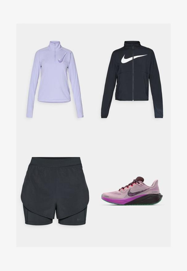 Juodas sportinis džemperis su visiškai užtraukiama užtrauktuku, aukšta apykakle, ilgomis rankovėmis ir dideliu baltu Nike swoosh logotipu per krūtinę.; Višninė ilgomis rankovėmis sportinė palaidinė su pusiau užtraukiama apykakle ir siuvinėtu logotipu. Lygus audinys, prigludusi forma ir išlenktas kraštas.; Juodi sportiniai šortai su sluoksniuota konstrukcija, turintys sklandų išorinį sluoksnį ir prigludusius vidinius šortus. Pagaminti iš lengvos, tamprios medžiagos.; Nike bėgimo bateliai rožinės spalvos akių tinkleliu su violetiniais akcentais, su juodu padu ir žaliu padu. Šnypščio tipo, su paminkštintu apvadu.