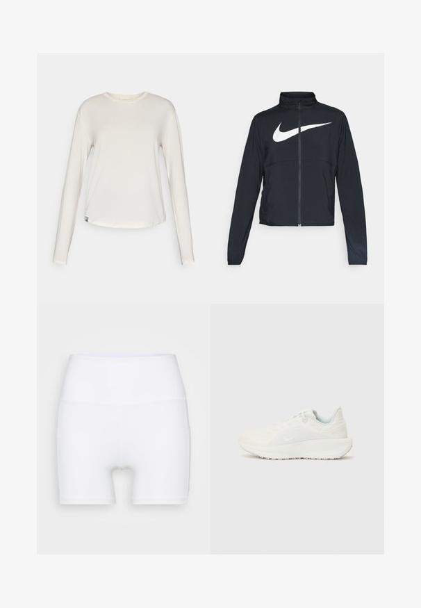 Black full-zip sports jacket with high collar, long sleeves, and large white Nike swoosh logo across the chest.; HOKA ESSENTIAL TEE - Long sleeved top - eggnog; White high-waisted shorts made from stretch fabric. Features a smooth texture and fitted design, with no additional patterns or hardware.; White athletic shoes with a textured upper, padded collar, and lace closure. Features a curved outsole and subtle branding on the side.