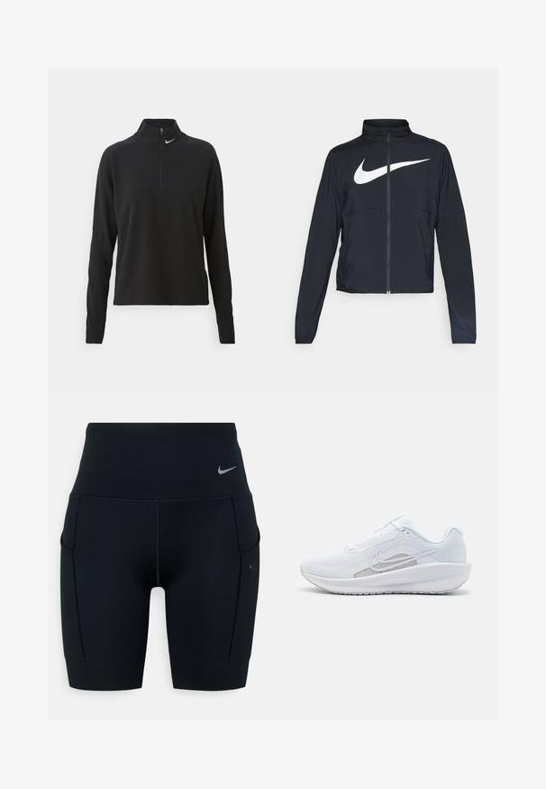 Juodas sportinis džemperis su visiškai užtraukiama užtrauktuku, aukšta apykakle, ilgomis rankovėmis ir dideliu baltu Nike swoosh logotipu per krūtinę.; Juodas ilgos rankovės puloveris su aukštu apykakle, turi pusės užtrauktuką priekyje ir mažą sidabrinį logotipą kairėje pusėje. Minkšta, tampri medžiaga.; Juodos aukšto liemens sportinės šortai, pagaminti iš elastingos medžiagos; turi šonines kišenes ir mažą Nike logotipą ant juosmens.; Baldas sportinis batelis su tinkleliu viršuje, apvaliu toe ir tekstūruota padais. Pabrėžia sidabrinį Nike swoosh ir minimalistinį dizainą.