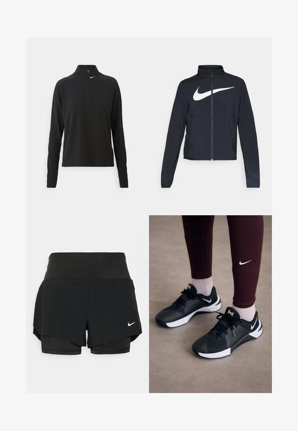 Schwarze Sportjacke mit vollem Reißverschluss, hohem Kragen, langen Ärmeln und großem weißen Nike-Swoosh-Logo auf der Brust.; Schwarzer Langarmpullover mit hohem Kragen, verfügt über einen halben Reißverschluss vorne und ein kleines silbernes Logo auf der linken Seite. Weicher, dehnbarer Stoff.; Schwarze Sportshorts mit einem geschichteten Design, bestehend aus einer inneren Shorts und einer äußeren Überlage, aus leichtem, dehnbarem Material.; Schwarze Sportschuhe mit einer strukturierten Oberseite und weißen Akzenten, versehen mit Schnürsenkeln und einem Seitenlogo. Tragen Sie dazu bordeauxfarbene Leggings und helle Socken.