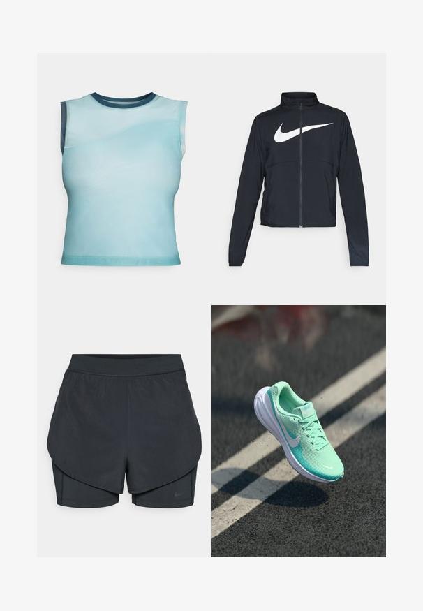 Čierna športová bunda na zips s vysokým golierom, dlhými rukávmi a veľkým bielym logom Nike na hrudi.; Bezrukávový top vyrobený z hladkej ľahkej tkaniny v gradientnej svetlomodrej farbe, s tmavomodrým okrúhlym výstrihom a zakriveným švom.; Čierne športové šortky s vrstveným dizajnom, s hladkou vonkajšou vrstvou a priliehavými vnútornými šortkami. Vyrobené z ľahkej, elastickej tkaniny.; Ľahká bežecká obuv v mätovo zelenej farbe s sieťovaným zvrškom, polstrovaným golierom a bielou gumovou podrážkou. Logo Nike na boku; šnúrky sú viditeľné.