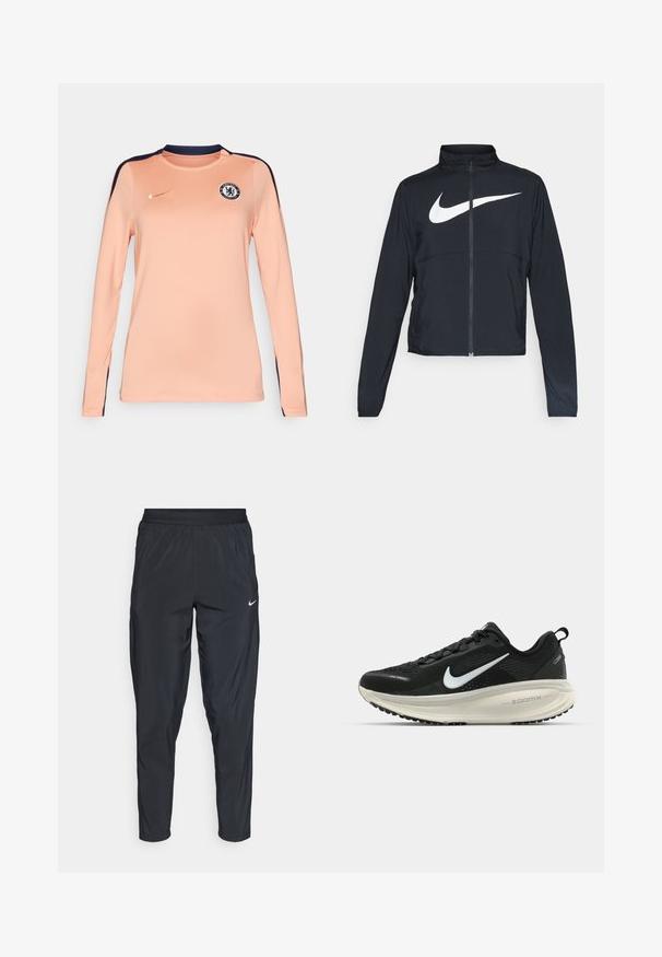 Černá sportovní bunda na zip s vysokým límcem, dlouhými rukávy a velkým bílým logem Nike swoosh přes prsa.; Dlouhý rukáv dres v jemném broskvovém odstínu s námořnickými akcenty, s kulatým výstřihem, logem Nike a znakem Chelsea FC na hrudi.; Černé sportovní kalhoty s elastickým pasem, zúženými nohavicemi a malým bílým logem na levém stehně. Lehká, hladká tkanina.; Černá běžecká obuv Nike s prodyšným síťovaným svrškem, bílým logem swoosh, texturovanými detaily a krémovou mezipodešví ZoomX.