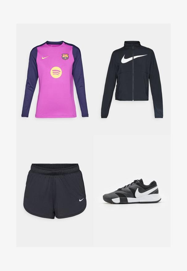 Černá sportovní bunda na zip s vysokým límcem, dlouhými rukávy a velkým bílým logem Nike swoosh přes prsa.; Fotbalový dres s dlouhým rukávem, který má růžové tělo a námořnické rukávy, vyrobený z látky odvádějící vlhkost. Zobrazuje logo Barcelony a Spotify.; Černé atletické šortky s elastickým pasem, sportovním designem a bílým logem Nike na spodní přední straně. Texturovaná látka.; Černé a šedé sportovní boty s texturovaným svrškem, bílým označením, tkaničkami a gumovou podešví se vzorováním pro lepší grip.