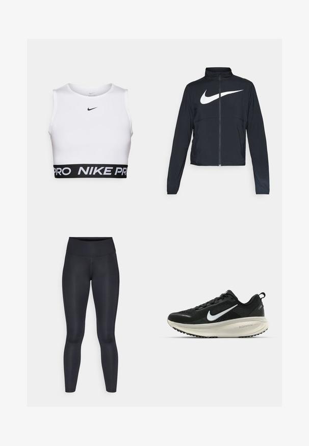 Chaqueta deportiva negra de cremallera completa con cuello alto, mangas largas y gran logo de Nike en blanco en el pecho.; Top deportivo blanco con corte cropped, cuello redondo, diseño sin mangas y banda elástica negra con el texto "NIKE PRO".; Leggings negros hechos de una tela suave y elástica. Cintura alta sin patrones ni acentos visibles. Se ajustan estrechamente desde la cintura hasta los tobillos.; Zapatilla de running Nike negra con parte superior de malla transpirable, logo Swoosh blanco, detalles texturizados y una entresuela ZoomX de color crema.