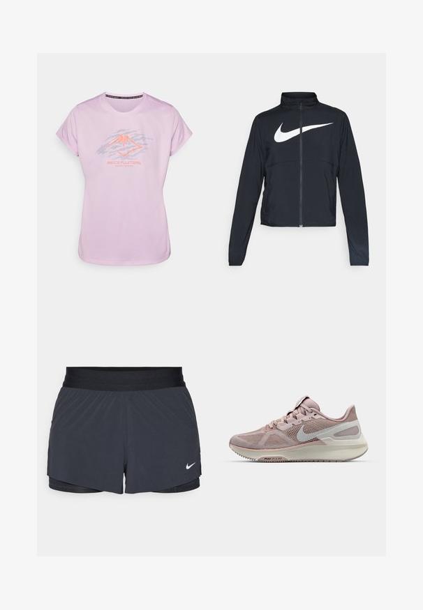 Musta urheilutakki, jossa on täysivetoketju, korkea kaulus, pitkät hihat ja suuri valkoinen Nike-tikkauksella rintaosa.; Vaaleanpunainen urheilupaita, jossa on tummanharmaa ja neonoranssi graafinen vuoristologot. Lyhyet hihat, pyöreä kaula-aukko, sileä tekstuuri.; Mustat urheilushortsit, joissa on joustava vyötärö. Shortseissa on kerroksellinen muotoilu ja pieni valkoinen Nike-logo vasemmassa alareunassa. Kevyt materiaali.; Nike-juoksukengät, joissa on verkkomateriaali vaaleanpunaisena ja harmaana, pehmeä pohja ja pyöreä kärki. Korostettu swoosh-logo.