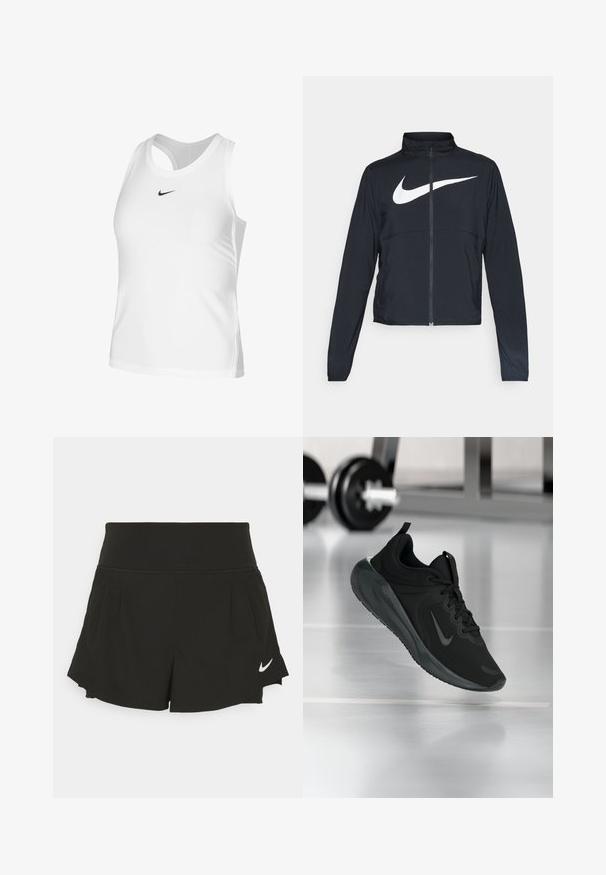 Giacca sportiva nera con zip completa, colletto alto, maniche lunghe e grande logo swoosh bianco Nike sul petto.; Canottiera atletica bianca realizzata in tessuto morbido, con scollatura rotonda, schiena scoperta e un piccolo logo Nike nero sul petto.; Pantaloni sportivi neri con una vita alta, dettagli plissettati, orlo curvo e logo Nike bianco sul lato inferiore destro.; Sneaker sportivo nero con logo Nike, mostrato in volo su un pavimento da palestra, con un supporto per pesi sfocato sullo sfondo.