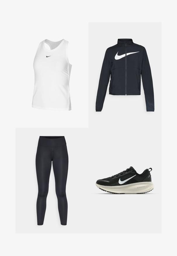 Czarna bluza sportowa na zamek błyskawiczny z wysokim kołnierzem, długimi rękawami i dużym białym logo Nike na klatce piersiowej.; Biały sportowy top na ramiączkach wykonany z gładkiego materiału, z okrągłym dekoltem, otwartymi plecami i małym czarnym logo Nike na piersi.; Czarne legginsy wykonane z gładkiego, elastycznego materiału. Wysoki stan bez widocznych wzorów czy akcentów. Dobrze przylegają od pasa do kostek.; Czarna biegowa półbut z oddychającej siateczki, białym logo swoosh, teksturowanymi detalami oraz kremową podeszwą środkową ZoomX.