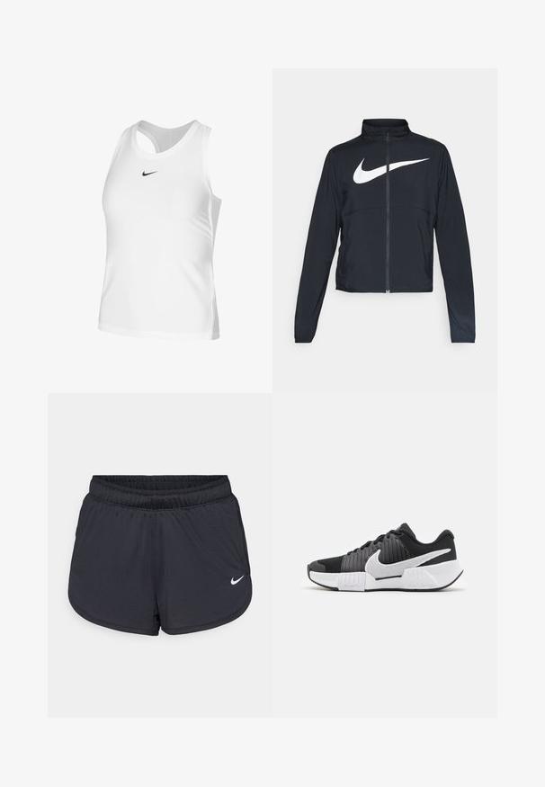 Musta urheilutakki, jossa on täysivetoketju, korkea kaulus, pitkät hihat ja suuri valkoinen Nike-tikkauksella rintaosa.; Valkoinen urheilullinen tank top, joka on valmistettu sileästä kankaasta, jossa on pyöreä kaula-aukko, avoin selkä ja pieni musta Nike-logo rinnassa.; Mustat urheilushortsit, joissa on joustava vyötärö, urheilullinen muotoilu ja valkoinen Nike-logo alareunassa edessä. Pintakuvioitu kangas.; Mustavalkoiset urheilukengät, joissa on teksturoitu päällinen, keskeinen Nike-logon muotoilu ja kontrastivärinen pohjamuotoilu paremman pidon ja vakauden saavuttamiseksi.