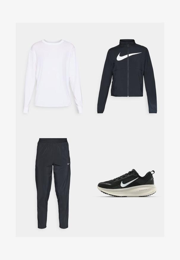 Must musta täispikk vary hoodie kõrge krae, pikad varrukad ja suur valge Nike swooshi logo rinnal.; Pikad varrukad, valgest puuvillast T-särk, millel on ümmargune kaelus, külgmised lõhed ja ribaga mansetid. Sile tekstuur ja regulaarne lõige.; Mustad mustrenid spordipüksid elastse vööga, kitsendatud säärtega ja väikese valge logoga vasakul reitel. Kerge ja sile kangas.; Musthave mustus Nike jooksujalats, millel on hingav võrgust ülemine osa, valge swoosh logo, tekstuuriga detailid ja kreemja värvusega ZoomX vahevöö.