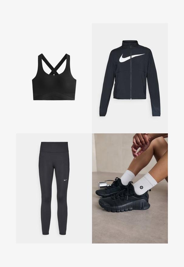 Czarna bluza sportowa na zamek błyskawiczny z wysokim kołnierzem, długimi rękawami i dużym białym logo Nike na klatce piersiowej.; Czarny stanik sportowy z krzyżującymi się ramiączkami, gładka struktura, szeroki pasek z wzorem w zygzak na dolnej części.; Czarne legginsy z elastycznego materiału, z wysokim pasem i białym logo Nike na lewym udzie. Gładka tekstura, dopasowany krój.; Czarne buty sportowe z teksturowanej tkaniny, z warkoczowym wzorem i wyraźną podeszwą, w zestawie z białymi skarpetami prążkowanymi z małym logo.