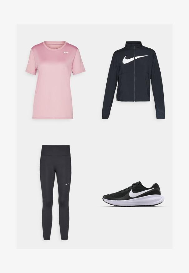 Must musta täispikk vary hoodie kõrge krae, pikad varrukad ja suur valge Nike swooshi logo rinnal.; Roosa Nike lühikeste varrukatega T-särk, valmistatud siledast kangast. Omab ümmargust kaelust ja väikest valget sutsukirja logo vasakul rinnal.; Mustad mustadest leggingid, mis on valmistatud venivast kangast, kõrge vöökoha ja valge Nike logo abil vasakul reiel. Sile tekstuur, keha järgiv disain.; Musthave mustusjalats, millel on tekstureeritud võrgusilma pealis, valge Swoosh-logo, pehmendatud kaelus ja paks, polsterdatud valge vaheplaat. Kuminast välistald.
