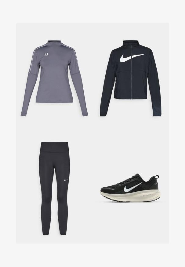 Zwarte sportjas met volledige rits, hoge kraag, lange mouwen en groot wit Nike swoosh-logo op de borst.; Langdurig grijs sportshirt met lange mouwen en een nep-kraag, witte accenten op de schouders en een Under Armour-logo op de linkerborst. Het materiaal is glad.; Zwarte legging van rekbare stof met een hoge tailleband en een wit Nike-logo op de linkerdij. Gladde textuur, aansluitend ontwerp.; Zwarte Nike hardloopschoen met ademend mesh bovenwerk, witte swoosh-logo, gestructureerde details en een crèmekleurige ZoomX middenzool.