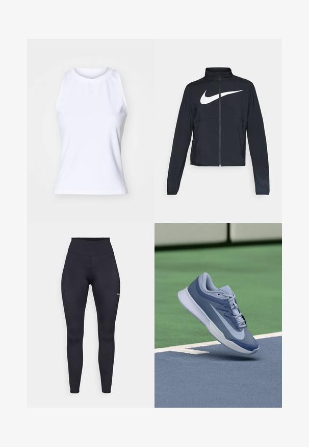 Black full-zip sports jacket with high collar, long sleeves, and large white Nike swoosh logo across the chest.; White sleeveless tank top made of smooth cotton-blend fabric. Features a round neckline and subtle logo embroidery at center front.; High-waisted black leggings made of stretch fabric, featuring a smooth texture and a small logo on the lower leg. Form-fitting design.; Sport sneaker in light blue and navy, featuring a textured upper, flat laces, and a lightweight white sole. Elevated above a court surface.
