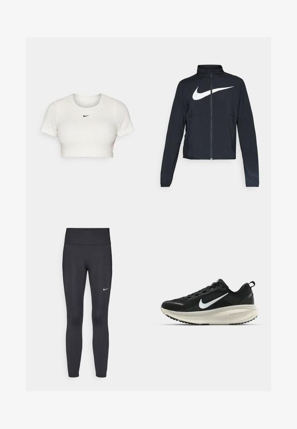 Svart joggebund med hel glidelås, høy krage, lange ermer og stort hvitt Nike swoosh-logo over brystet.; Kuttet hvit T-skjorte laget av ribbestrikket stoff med korte ermer og rund hals; har en liten svart Nike-logo på brystet.; Sorte leggings laget av elastisk stoff, med høy livlinje og en hvit Nike-logo på venstre lår. Glatt tekstur, kroppsnær passform.; Svart Nike løpesko med pustende mesh-overdel, hvit swoosh-logo, teksturert detaljer og en kremfarget ZoomX mellomsåle.