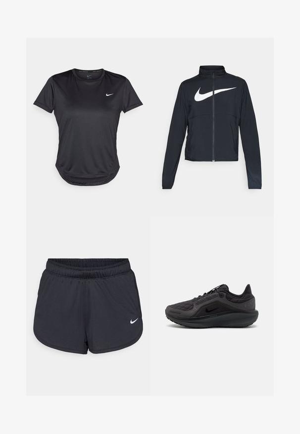 Svart joggebund med hel glidelås, høy krage, lange ermer og stort hvitt Nike swoosh-logo over brystet.; Svart kortermet idretts skjorte laget av glatt, pustende stoff. Har en rund hals og en liten hvit Nike-logo på brystet.; Svarte treningsshorts laget av lett, pustende stoff. Har elastisk linning og hvit Nike-logo nederst til høyre.; Svart sportssko med kviltet overdel, strukturerte detaljer og polstret såle. Har en fremtredende Nike-logo og holdbar yttersåle.