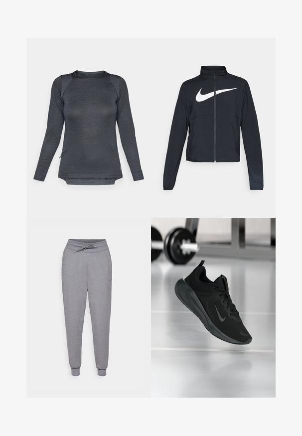 Casaco desportivo preto com fecho éclair completo, gola alta, mangas longas e grande logótipo branco da Nike na parte frontal.; Camisa atlética de manga longa em tecido cinza escuro com um design texturizado, decote redondo e fendas laterais para maior liberdade de movimento.; Calças de moletom cinzentas, ajustadas na parte inferior, com cintura elástica por cordão, punhos elásticos e um discreto logo da Nike na coxa esquerda. Tecido macio e texturizado.; Sapatilha desportiva preta com o logotipo da Nike, mostrada em pleno ar sobre o chão do ginásio, com um suporte de halteres desfocado ao fundo.