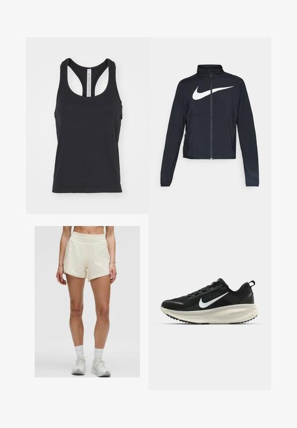 Černá sportovní bunda na zip s vysokým límcem, dlouhými rukávy a velkým bílým logem Nike swoosh přes prsa.; lululemon SWIFTLY TECH RACERBACK TANK - Top - black black; Krémové sportovní šortky s elastickým pasem a bočními kapsami. Tkanina vypadá hladce a je lehká, vhodná pro aktivní nošení.; Černá běžecká obuv Nike s prodyšným síťovaným svrškem, bílým logem swoosh, texturovanými detaily a krémovou mezipodešví ZoomX.