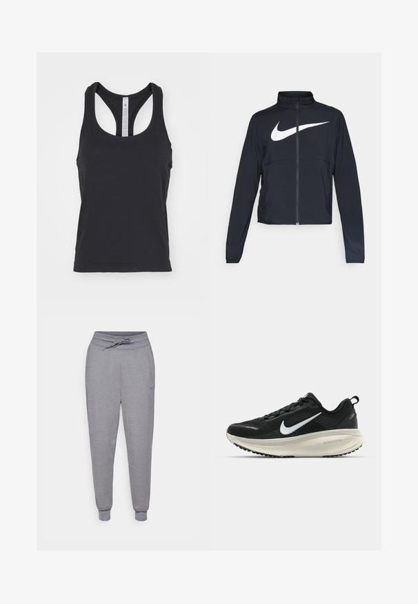 Melnā sporta jaka ar pilnu rāvējslēdzēju, augstu apkakli, garām piedurknēm un lielu baltu Nike swoosh logotipu krūšu daļā.; lululemon SWIFTLY TECH RACERBACK TANK - Tops - black black; Pelēkas, sašaurinātas sporta bikses ar jostu ar auklu, elastīgiem uzmavām un diskrētu Nike logo uz kreisās augšstilba. Mīksts, teksturēts audums.; Melnas Nike skriešanas kurpes ar elpojošu acs augšdaļu, baltu Swoosh logotipu, strukturētu apdari un krēmkrāsas ZoomX starpsole.