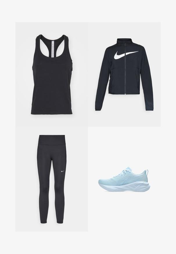 Sort fuld-zip sportsjakke med høj krave, lange ærmer og stort hvidt Nike swoosh-logo på brystet.; lululemon SWIFTLY TECH RACERBACK TANK - Top - black black; Sorte leggings lavet af strækbart stof, med en høj talje og et hvidt Nike-logo på venstre lår. Glat tekstur, tætsiddende design.; Lyseblå sportssko med en mesh-overdel, flade snører og en tykk, tekstureret sål med geometriske detaljer for stabilitet.