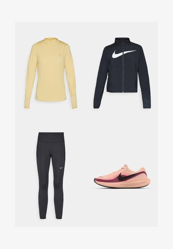 Fekete, teljes cipzáros sportdzseki magas gallérral, hosszú ujjal, amelyen egy nagy, fehér Nike logó található a mellkason.; Hosszú ujjú, világos sárga kapucnis póló, puha anyagból, finom logóval a mellkasán. Sima textúra és testhezálló fazon.; Fekete leggings elasztikus anyagból, magas derékkal és fehér Nike logóval a bal combon. Simább textúra, testhez álló kialakítás.; Nike futócipő, amely halvány rózsaszín hálós felsőrésszel, grádiensekben elhelyezett bordó részletekkel, fekete swoosh-zsal és texturált gumitalppal rendelkezik.