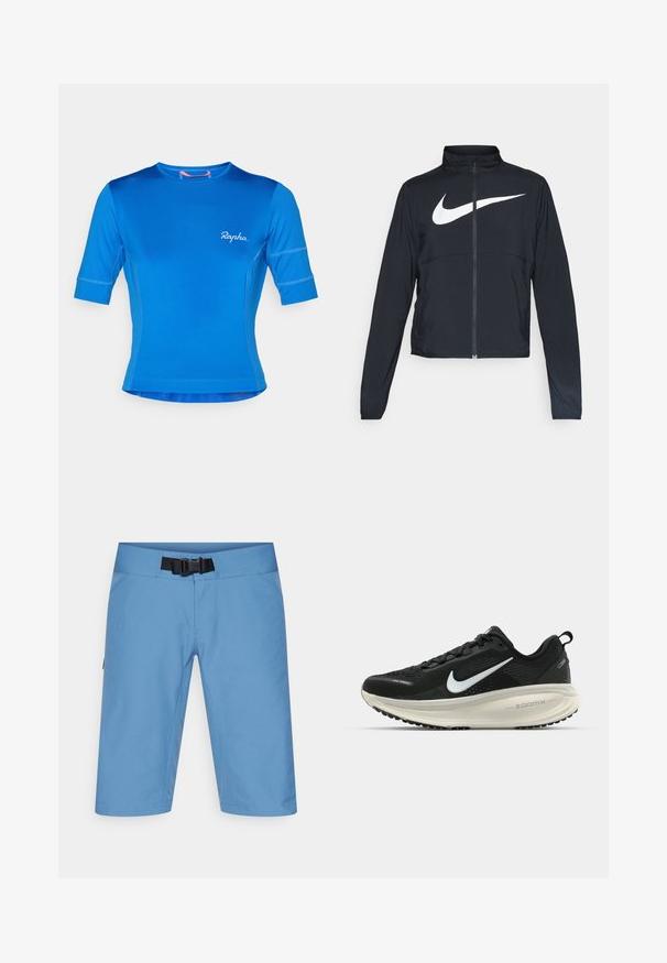 Juodas sportinis džemperis su visiškai užtraukiama užtrauktuku, aukšta apykakle, ilgomis rankovėmis ir dideliu baltu Nike swoosh logotipu per krūtinę.; Trumpas rankovėmis dviračių maikė ryškiai mėlynos spalvos audinyje su lygiu paviršiumi. Sukurta su apvaliu kaklu ir baltu "Rapha." logotipu priekyje.; Šviesiai mėlyni žygio šortai su lygiu juosmeniu, reguliuojamu diržu ir šoninėmis kišenėmis. Pagaminti iš glotnaus, kvėpuojančio medžiagos, kelio ilgio dizainas.; Juodas Nike sportinis batelis su kvėpuojančiu tinklu, baltu swoosh logotipu, tekstūruoto dizaino detalėmis ir grietinėlės spalvos ZoomX viduriu.