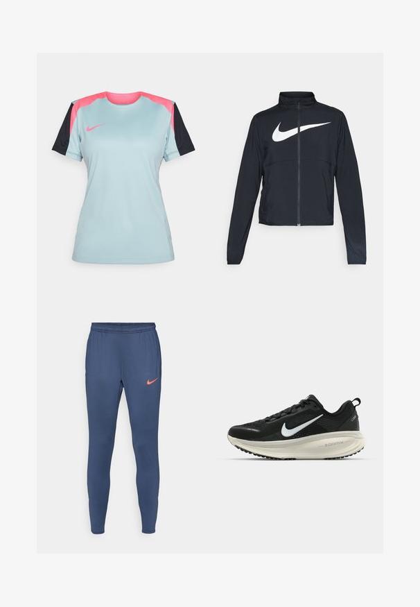 Must musta täispikk vary hoodie kõrge krae, pikad varrukad ja suur valge Nike swooshi logo rinnal.; Hele sinine spordipuserik mustade varrukatega, millel on roosa õlavarre aktsent ja väike roosa Nike logo rinnal. Tekstuuriga kangas.; Tumed sinine spordipüksid kitseneva disainiga, elastne vöökoht ja väike oranž Nike logo vasakul reitel. Sile tekstuur.; Musthave mustus Nike jooksujalats, millel on hingav võrgust ülemine osa, valge swoosh logo, tekstuuriga detailid ja kreemja värvusega ZoomX vahevöö.