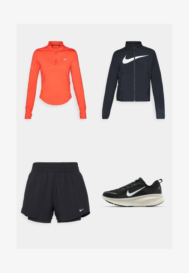 Crna sportska jakna s punim patentnim zatvaračem, visokim ovratnikom, dugim rukavima i velikim bijelim Nike swoosh logom preko grudi.; Dugmad dugih rukava, narančaste boje, s polu-zip ovratnikom, glatke teksture, s bijelim logotipom na prsima i rukavu.; Crne sportske kratke hlače s naboranom elastičnom trakom u struku, podstavljene, s bijelim Nike logom na donjoj lijevoj strani. Glatka, lagana tkanina.; Crne Nike trkačke tenisice s prozračnom mrežastom gornjom konstrukcijom, bijelim swoosh logotipom, teksturiranim detaljima i kremastom ZoomX srednjom potplatnom jedinicom.