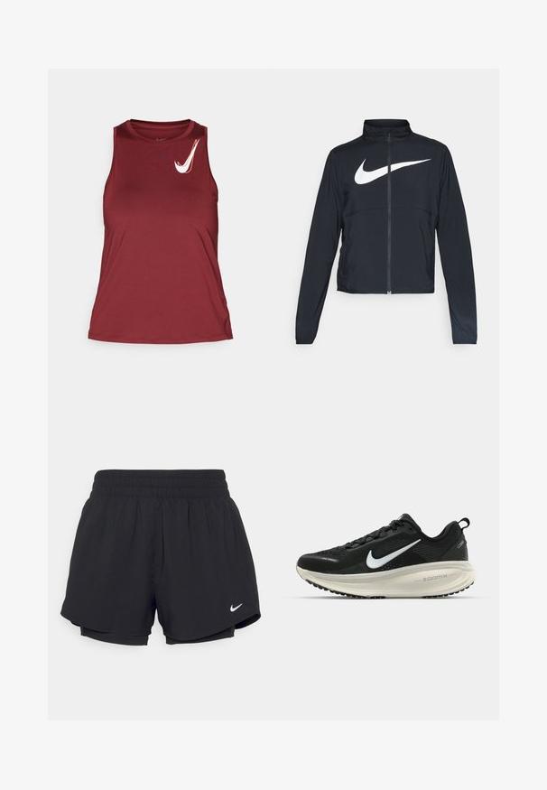 Crna sportska jakna s punim patentnim zatvaračem, visokim ovratnikom, dugim rukavima i velikim bijelim Nike swoosh logom preko grudi.; Bordo bezrukavni sportski top od glatkog materijala. Ima zaobljeni izrez i bijeli Nike logo na gornjem lijevom dijelu.; Crne sportske kratke hlače s naboranom elastičnom trakom u struku, podstavljene, s bijelim Nike logom na donjoj lijevoj strani. Glatka, lagana tkanina.; Crne Nike trkačke tenisice s prozračnom mrežastom gornjom konstrukcijom, bijelim swoosh logotipom, teksturiranim detaljima i kremastom ZoomX srednjom potplatnom jedinicom.