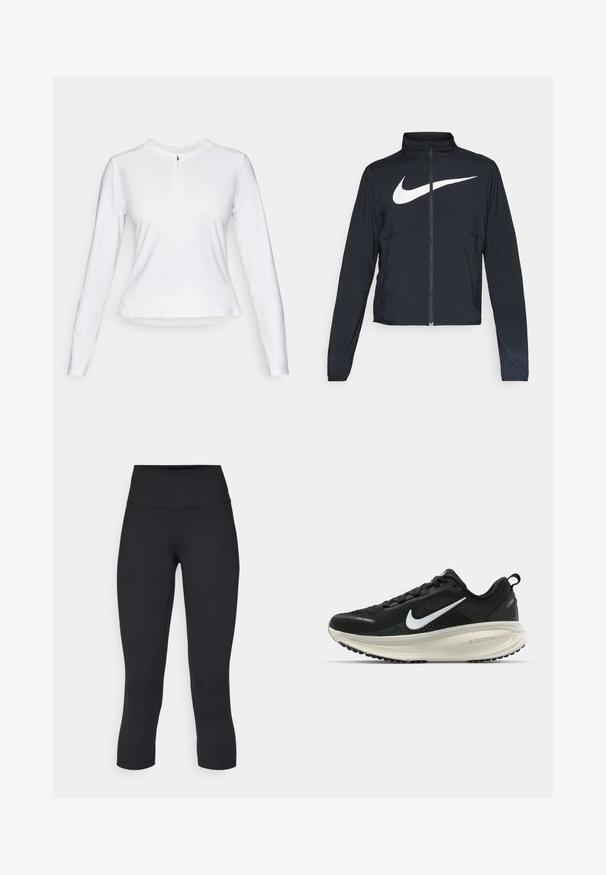 Schwarze Sportjacke mit vollem Reißverschluss, hohem Kragen, langen Ärmeln und großem weißen Nike-Swoosh-Logo auf der Brust.; Langärmliges, weißes Sportoberteil mit einem Viertel-Reißverschluss-Kragen, glatter Textur und dezentem Logodetail auf der Brust.; Schwarze, cropped Leggings aus dehnbarem Material, mit einem hohen Bund und glatter Textur, ohne sichtbare Muster oder Hardware.; Schwarzer Nike-Laufschuh mit atmungsaktivem Mesh-Obermaterial, weißem Swoosh-Logo, strukturierten Details und einer cremefarbenen ZoomX-Zwischensohle.