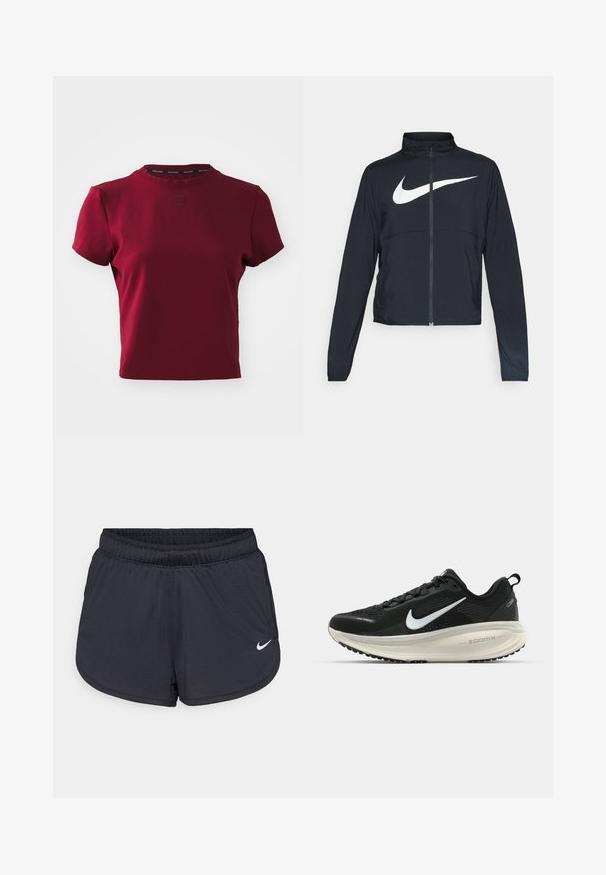 Juodas sportinis džemperis su visiškai užtraukiama užtrauktuku, aukšta apykakle, ilgomis rankovėmis ir dideliu baltu Nike swoosh logotipu per krūtinę.; Nike Performance ADVANTAGE - Sportiniai marškinėliai trumpomis rankovėmis - team red; Juodi sportiniai šortai su elastine liemene, turintys sportišką dizainą ir baltą Nike logotipą apatinėje priekinėje dalyje. Tekstūruota medžiaga.; Juodas Nike sportinis batelis su kvėpuojančiu tinklu, baltu swoosh logotipu, tekstūruoto dizaino detalėmis ir grietinėlės spalvos ZoomX viduriu.