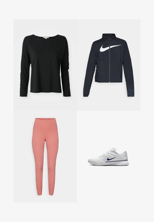 Zwarte sportjas met volledige rits, hoge kraag, lange mouwen en groot wit Nike swoosh-logo op de borst.; Zwart langemouwen crewneck shirt met een relaxte pasvorm en verlaagde schouders, weergegeven op een witte achtergrond.; Roze high-waisted leggings gemaakt van elastisch materiaal, met een gladde textuur en een aansluitend ontwerp zonder zichtbare patronen of hardware.; Witte sportschoen met een gestructureerde mesh bovenkant, marineblauwe accenten en een gevoerde zool met een gemusterde grip. Veters geïntegreerd in het ontwerp.