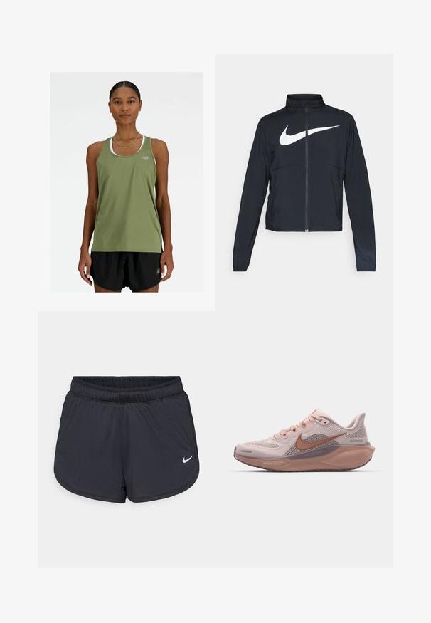 Chaqueta deportiva negra de cremallera completa con cuello alto, mangas largas y gran logo de Nike en blanco en el pecho.; New Balance SPORT ESSENTIALS TANK - Top - dark olivine; Pantalones cortos deportivos negros con una cintura elástica, presentan un diseño deportivo y un logo blanco de Nike en la parte inferior del frente. Tejido texturizado.; Zapatilla deportiva de color rosa claro con parte superior de malla, acentos marrones y suela texturizada. Cuenta con cordones y un talón acolchado para mayor comodidad.
