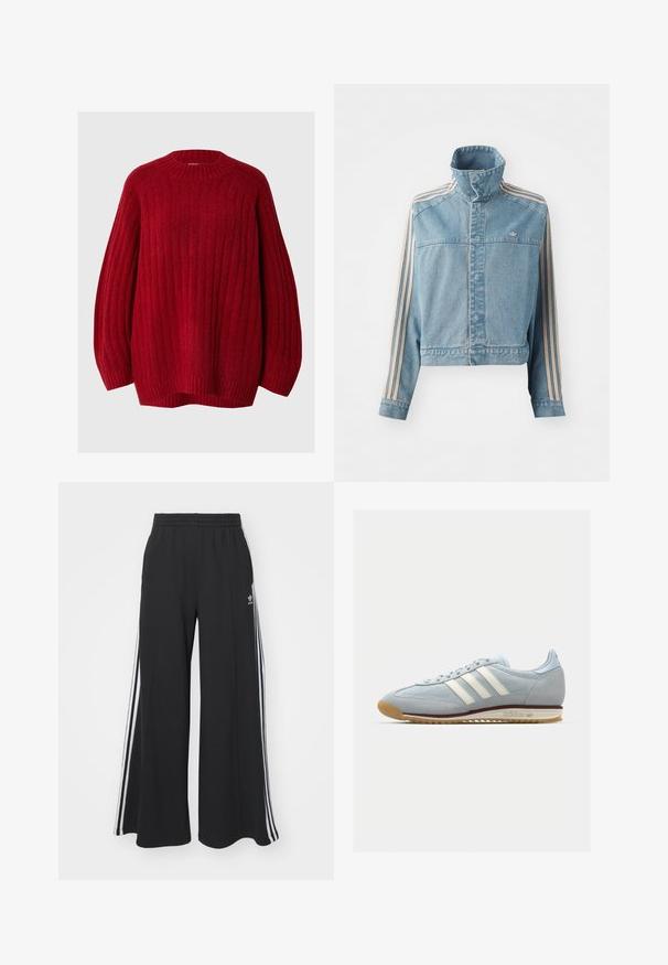 Lys blå denimjakke med høy krage, frontglidelås og tre vertikale striper i beige langs hver sleeve. Har et brodert logo.; Rød ribbestrikket genser med rund hals, senkede ermer og løs passform. Laget av teksturert stoff med et varmt, mykt utseende.; Svart vide joggebukser med elastisk midjebånd, med hvite sidestriper og brodert logo på venstre lår.; Lys blå semsket sneakers med hvite tre striper, gummisåle og teksturert mesh. Har en jevn tåhette og merkevare på hælen.