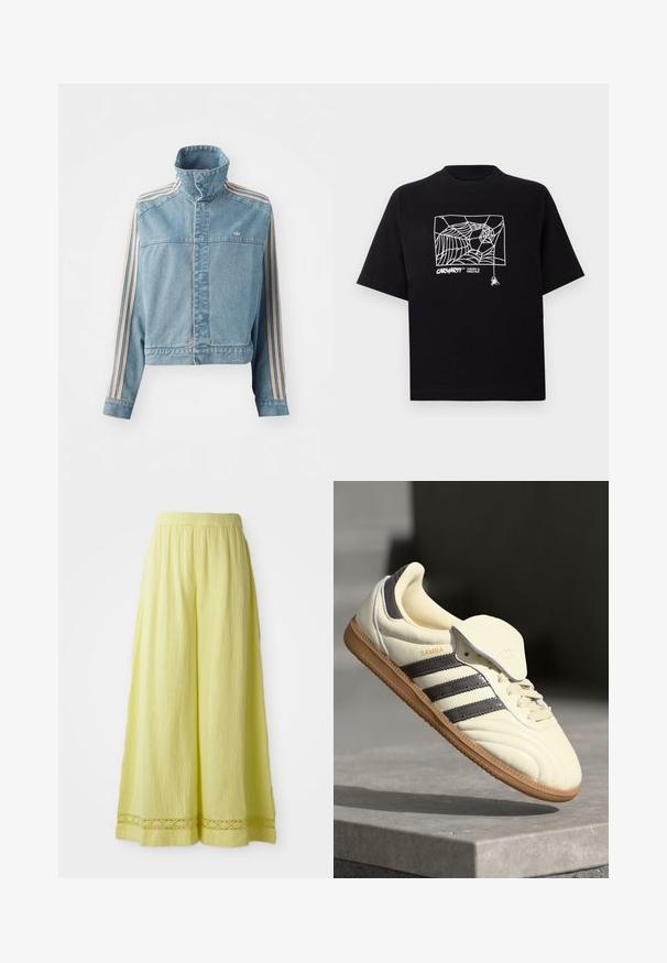 Lysblå, cropped denimjakke med høj krave, forkning, og tre vertikale striber i beige langs hver ærme. Har et broderet logo.; Sort T-shirt lavet af bomuld med korte ærmer. Har et hvidt edderkoppespin grafik og logo på fronten. Enkel rund halsudskæring.; Gule brede bukser lavet af tekstureret stof med elastisk talje. Har en hækle-lignende detalje ved kanten.; Cremefarvede lædersneakers med tre mørke striber, en brun gummisål og en afrundet tå. Har en foldbar tunge mærket "SAMBA."