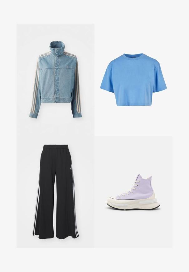 Chaqueta de mezclilla recortada en azul claro con cuello alto, cremallera frontal y tres rayas verticales en beige a lo largo de cada manga. Presenta un logo bordado.; Camiseta corta azul hecha de algodón suave, con cuello redondo, mangas cortas y un diseño simple sin patrones ni acentos.; Pantalones de chándal negros de pierna ancha con una cinturilla elástica, que presentan franjas blancas a los lados y un logo bordado en el muslo izquierdo.; Zapatillas altas de lona en color púrpura claro. Suela media blanca gruesa con suela exterior negra. Presenta punta redonda y cordones beige. Diseño minimalista.
