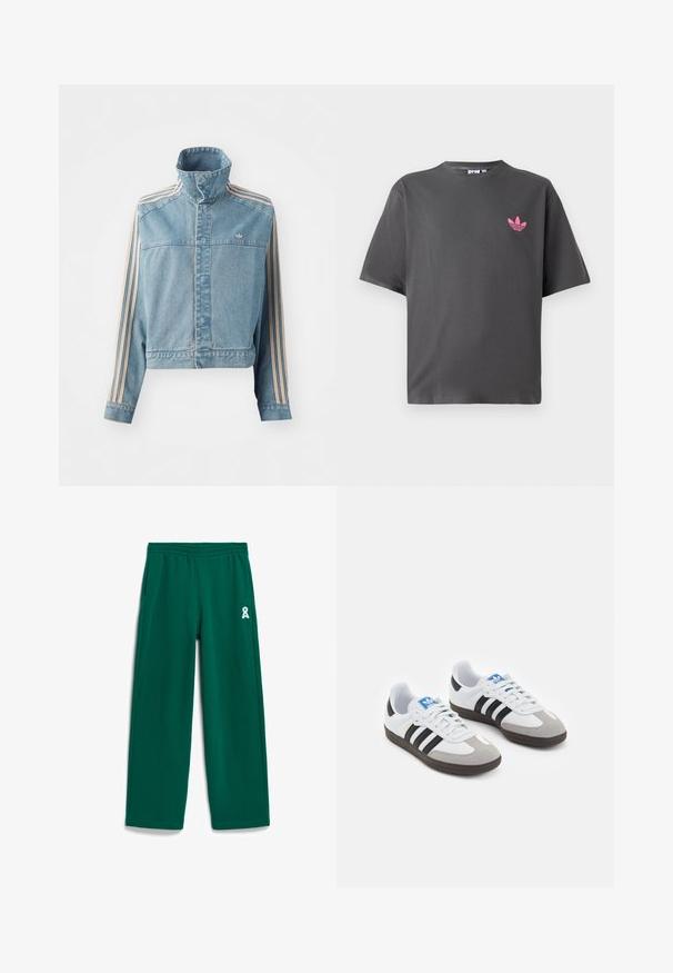 Korte spijkerjack in lichtblauw met hoge kraag, voorkant met ritssluiting en drie verticale strepen in beige langs elke mouw. Bevat een geborduurd logo.; Donkergrijze T-shirt met korte mouwen en een klein roze Adidas trefoil logo op de linkerborst, weergegeven tegen een witte achtergrond.; Groene joggingbroek gemaakt van zacht materiaal, met een ontspannen pasvorm, elastische tailleband, zijzakken en een klein wit lintlogo aan de linkerkant.; Sportschoenen met een witte leren bovenkant, grijze suède neus en drie zwarte strepen. Bevat een blauw logo op de tong en een gestructureerde rubberen zool.