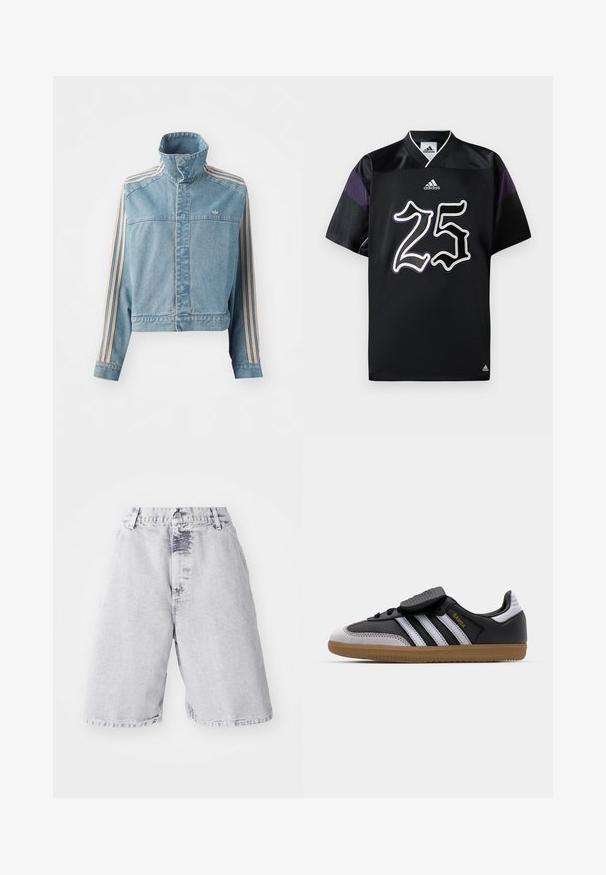 Korte spijkerjack in lichtblauw met hoge kraag, voorkant met ritssluiting en drie verticale strepen in beige langs elke mouw. Bevat een geborduurd logo.; Zwarte jersey met een v-hals ontwerp, heeft het nummer "25" in wit en paars, en een Adidas-logo op de borst en mouwaccenten.; Leren denim shorts in lichtgrijs met een vervaagde textuur. Voorzien van een knoop- en ritssluiting, riemlussen en een recht pasvorm.; Zwarte leren en grijze suède sneaker met witte strepen, rubberen gumzool, veterfrontering en klittenbandsluiting. Uitgerust met "Samba" branding in het goud.