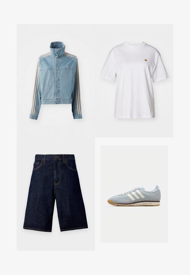 Giacca di jeans cropped in blu chiaro con colletto alto, zip frontale e tre strisce verticali in beige lungo ciascun manica. Presenta un logo ricamato.; Maglietta in cotone bianco con vestibilità rilassata, maniche corte e un piccolo logo ricamato sul lato sinistro del petto.; Shorts in denim blu scuro con taglio dritto, caratterizzati da un classico design a cinque tasche e cuciture dorate a contrasto.; Sneaker in suede bluastro con tre strisce bianche, suola in gomma e tessuto a rete testurizzato. Presenta un copri punta liscio e un marchio sul tallone.