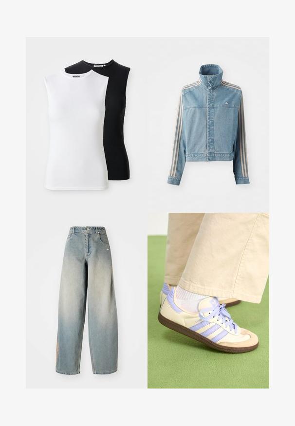 Gekürzte Jeansjacke in Hellblau mit hohem Kragen, Frontreißverschluss und drei vertikalen Streifen in Beige entlang jedes Ärmels. Besitzt ein gesticktes Logo.; Zwei ärmellose, gerippte Tops in Weiß und Schwarz. Mit einem hohen Kragen und einem figurbetonten Design. Der Stoff ist weich und dehnbar. Markenlabel sichtbar.; Himmelblaue Denim-Hose mit weitem Bein und einem verblassten Finish. Sie verfügt über Fronttaschen, einen Knopfverschluss und ein dezentes Logo am Bund.; Cremefarbene und lavendelfarbene Sneakers mit drei Streifen und einer strukturierten braunen Sohle, ausgestattet mit Schnürsenkeln und einer gepolsterten Ferse. Obermaterial aus weichem Stoff.