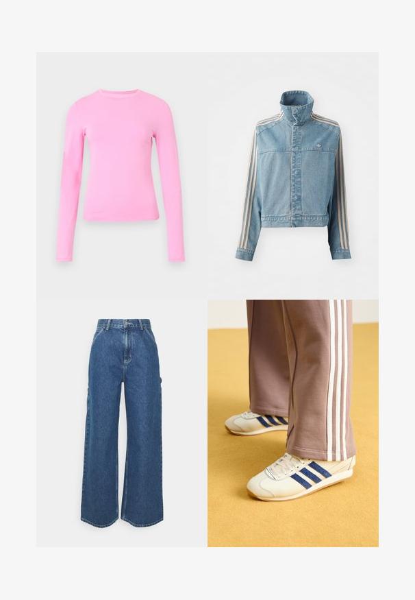 Šviesiai mėlynas supjaustytas džinsinis švarkas su aukštu apykakle, priekyje užtrauktuku ir trimis vertikaliomis kreminėmis juostelėmis ant kiekvienos rankovės. Papuoštas išsiuvinėtu logotipu.; Ilga rankovė marškiniai iš švelnaus rožinio audinio, turintys apvalų iškirpimą ir prigludusią formą. Lygi tekstūra, be matomų raštų ar akcentų.; Plačios mėlynos džinsinės kelnes su aukštu juosmeniu, kontrastingais siūlais ir šoninėmis kišenėmis, turinčios klasikinį penkių kišenių dizainą ir brutalius kraštus.; Kreminės sportinės bateliai su mėlynos nubuko juostelėmis, baltos raišteliais ir guminėmis padangomis. Sukomplektuota su pilkomis sportinėmis kelnėmis, turinčiomis baltas šonines juosteles.