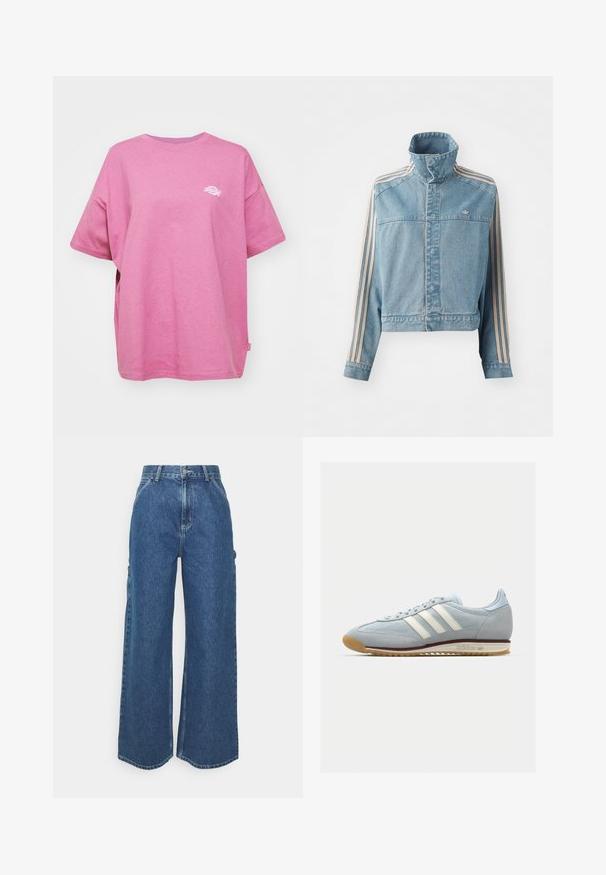 Lys blå denimjakke med høy krage, frontglidelås og tre vertikale striper i beige langs hver sleeve. Har et brodert logo.; Dickies SUMMERDALE TEE - T-shirts - mellow mauve; Videbeinete blå denimbukser med høy midje, kontraststing, og sidelommer, med et klassisk fem-lommers design og rå kanter.; Lys blå semsket sneakers med hvite tre striper, gummisåle og teksturert mesh. Har en jevn tåhette og merkevare på hælen.