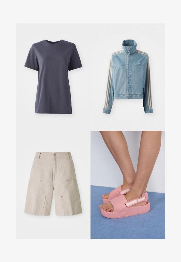 Šviesiai mėlynas supjaustytas džinsinis švarkas su aukštu apykakle, priekyje užtrauktuku ir trimis vertikaliomis kreminėmis juostelėmis ant kiekvienos rankovės. Papuoštas išsiuvinėtu logotipu.; Tamsiai pilkas medvilninis marškinėliai trumpomis rankovėmis, apvalios iškirpės dizainas, lygus paviršius, tiesus apvadas, be matomų raštų ar metalinių detalių.; Bežinės lininės šortai su laisvu siluetu, turintys dvi priekines kišenes ir apvalius metalinius akcentus. Nepakartojamas dizainas su tekstūruotu paviršiumi.; Rožinės gumos šlepetės su tekstūruotu paviršiumi, reguliuojama dirželiu ir storesne padu, kurie demonstruoja bangų raštus ir prekės ženklo logotipą šone.