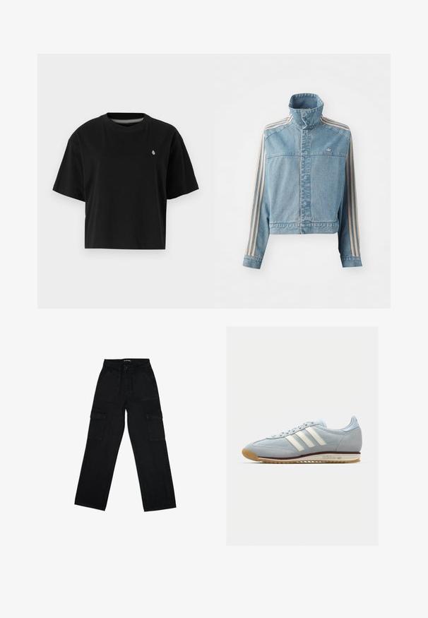 Jachetă din denim croppată, de culoare albastru deschis, cu guler înalt, fermoar frontal și trei dungi verticale bej pe fiecare mânecă. Prezintă un logo brodat.; Tricou scurt negru din bumbac, cu mâneci scurte, guler rotund și un mic logo alb pe partea stângă a pieptului.; Pantaloni cargo negri din denim, cu talie înaltă, șnur, picioare late și multiple buzunare laterale pentru utilitate.; Adidași din suede albastru deschis cu trei dungi albe, talpă din cauciuc și plasă texturată. Dispune de o vârf neted și un logo pe toc.