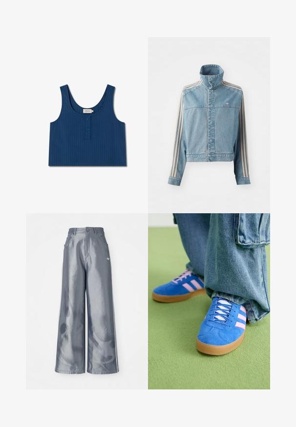 Cropped denim jacket in light blue with high collar, front zip, and three vertical stripes in beige along each sleeve. Features an embroidered logo.; Blue ribbed crop tank top with wide straps, round neckline, and two button details at the front. Made from lightweight fabric.; Wide-leg pants in shiny gray material, featuring white side stripes and a flame pattern on the lower legs. Button and zipper closure at the waist.; Blue suede shoes with pink stripes and white laces, featuring a gum rubber sole, paired with loose denim pants on a green surface.