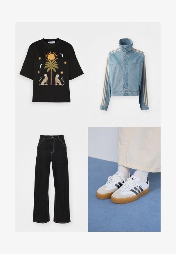 Lysblå, cropped denimjakke med høj krave, forkning, og tre vertikale striber i beige langs hver ærme. Har et broderet logo.; Sort bomulds-t-shirt med et centralt palmetrædesign, flankeret af to leoparder samt sol- og månegrafik i gyldne og cremefarvede nuancer.; Sorte bukser med bred ben, lavet af denim og prydet med kontrastfarvet hvid syning samt en frontlukning med knap, og to skrå forlommer.; Hvide sneakers med sorte striber og beige ruskindsdetaljer. Har en tekstureret gummisål og flade hvide snørebånd, båret med lyse sokker.