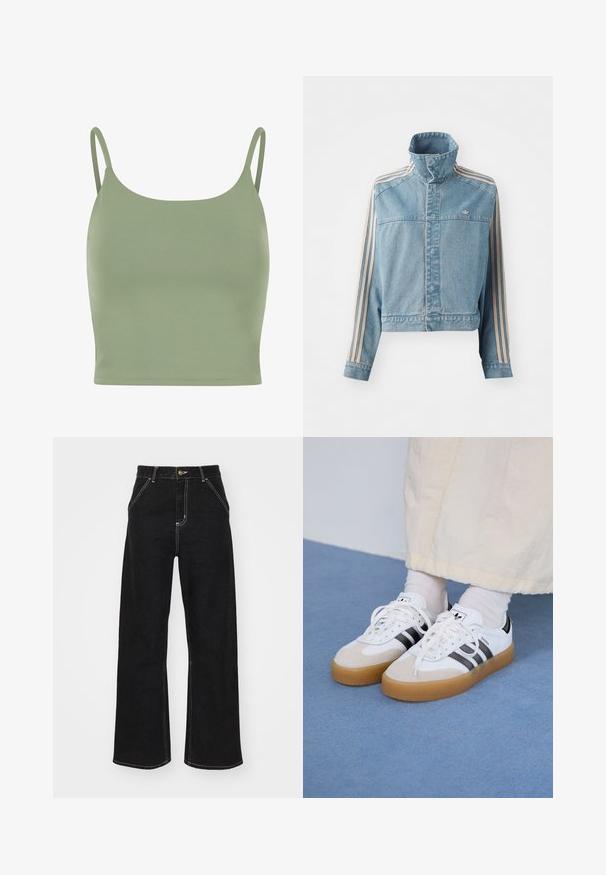 Heledest sinine lühike teksajakk, millel on kõrge krae, ees tõmblukk ja kolm beeži vertikaalset triipu igal varrukal. Omab tikandiga logo.; Olive roheline mugavust pakkuv voodri kampsun õhukeste rihmadega, sile tekstuur ja ümar kaelus, mõeldud mugavuseks ja kihitamiseks.; Mustmustest mustadest denimist, millel on kontrastsed valged õmblused ja esine nupp, kahe nurga all asuva esipocketiga.; Valged tossud mustade triipudega ja beeži nahaga aktsentidega. Omavad tekstuuriga kummist talla ja lamedaid valgeid paelu, kantud heledate sokkidega.